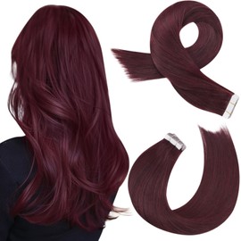 Moresoo Dark Red Tape in Hair Extensions Human Hair Burgundy Tape in Extensions Red Real Human Hair 30g/20pcs 10 inch