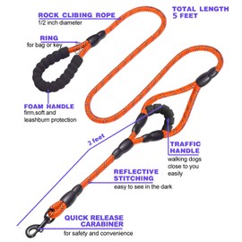 JSXD Dog Leash,5 FT Heavy Duty Double Handle Dog Leash with Comfortable Padded and Reflective,Rope Dog Leashes for Small,Medium,Large Dogs (Rope-Orange)