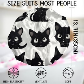 Zewurtuw Luxury Shower Cap Terry Cloth Lined EVA Waterproof Reusable Triple Layer Elastic Hair Bath Caps for Women Girls Cute-Black Cat
