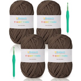 Katech 400g T-Shirt Yarn Pink for Crocheting, 130yds Elastic Fabric Crochet Yarn Kit for Knitting, Spaghetti Yarn Thick Yarn for Hand DIY Bag & Basket Cushion Crocheting Projects, Home Decor (Brown)