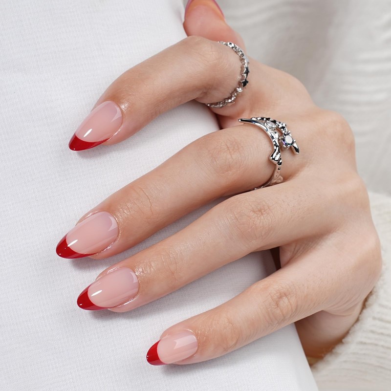Uñas Postizas Francesas, Uñas Postizas Cortas Almendradas Reutilizables, Uñas Rojas