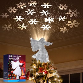Wikay Christmas Tree Topper Projector Light Angel Snowflake Projector Light Tree Topper with Rotating LED Christmas Decorations Light Up Angel for Christmas Tree Decorations Party New Year Decorations