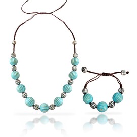 Retro Ethnic Style Turquoise Beaded Necklace and Bracelet Set for Women - Adjustable Chunky Turquoise Choker Necklace & Bracelet - Colorful Acrylic Boho Jewelry Set - Geometric Beaded Design