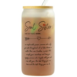 Best Friend Gifts for Women, Soul Sister 16oz Glass Cup with Bamboo Lid and Straw, Best Friend Birthday Gifts - Coffee Glass Cup Ideal for Iced Coffee, Sisters' Gifts, Christmas Gifts (Soul Sister)