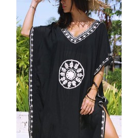 Kawai Peach Women's Tunic Kaftan Beach Dress Cover up One Size Black