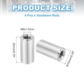 sourcing map 4Pcs M6x1x20mm Round Coupling Nuts, Stainless Steel Connector Nut Fasteners Rod Hardware Nuts 10mm OD for Threaded Rod, Industrial Construction Fasteners, Silver