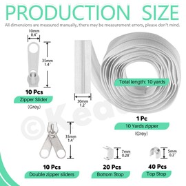 Keadic 81Pcs #5 Nylon Zipper Tape Set with 10 Yard Nylon Coil Zippers, 20 Metal Zipper Slider, 20 Bottom Stops, 40 Top Stop for DIY Sewing Tailor Bag Purse Luggage Sofa Crafts Supplies (Grey)