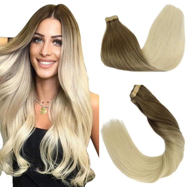 GOO GOO Tape-In Real Hair Extensions, 55 cm, Ombre Ash Brown to Platinum Blonde Extensions, 20 Pieces, 50 g, Remy Real Hair Extensions, Real Hair Tapes