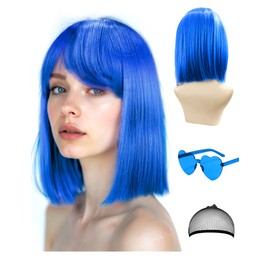 Side Bangs Blue Wigs and Party Sunglasses, Cosplay Color Bob Wig and Party with Neon Glasses for Women - Bachelorette Party Wigs Decorations Favors (Blue)