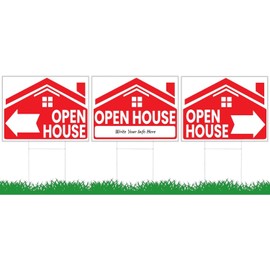 12x16 Inch Pack of 3 Open House Signs for Real Estate Agent Supplies for Sale Sign with H Wire Stakes - Realtor Supplies for Sent Houses for Sale By Owner Yard Sign - Moving Sale Directional Signs Kit