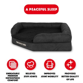The Dog’s Bed Medium Support Memory Foam Waterproof Corner Dog Bed, Large, Black Plush, Eases Pet Arthritis & Hip Dysplasia Pain, Therapeutic & Supportive, Washable Plush Fabric Cover