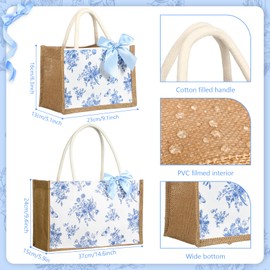 Sunnymove 12 Pcs Floral Burlap Tote Bag with Handle Blue White Chinoiserie Jute Bag with Ribbon Bow for Party Bridesmaid Gift(Blue,14.5 x 9.5 x 5.9 Inch)