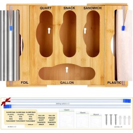 No brand Bamboo Ziplock Bag Storage Organizer,Foil and Plastic Wrap Dispenser with Cutter