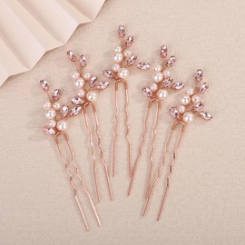 Teyglen 5pcs Pink Rhinestone Pearl Wedding Hair Pins Bridal Crystal Beads Hair Pins Handmade Crystal Hair Piece Wedding Hair Accessories for Women Headpiece(Pink)