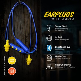 Plugfones Basic Pro Earplug Headphones Wireless Bluetooth in-Ear Earplug Earbuds 25 dB Noise Reduction Rating OSHA Compliant Hearing Protection with Noise Isolating Mic and Controls (Blue & Yellow)
