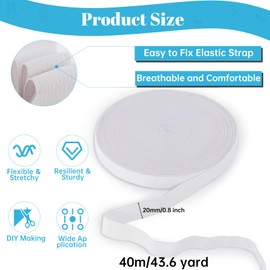 Sewing Elastic Ribbon, 40m*20mm Wide Flat Band, White Thick Elastic Tape, Webbing Stretch Band, Elastic Knit Spandex Spool, Thick Stretchy Band, Elastic Band for Sewing Craft Accessories with Threader