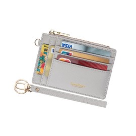 Wikavanli Women Slim Rfid Blocking Credit Card Case Holder Wristlet Zip ID Case Wallet Small Compact Leather Wallet Coin Purse with Keychain, Light Gray, Small Fashion Wallet