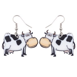 Bonsny Acrylic Drop Dangle Cartoon Black White Cow Earrings Gift Farm Animal Fashion Jewelry For Women Kids Charms (White)