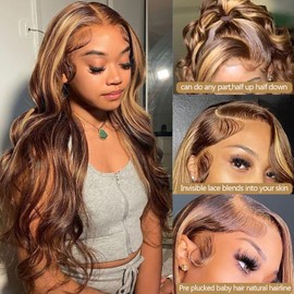 SIFULAN Highlight Ombre 13x4 Body Wave Lace Front Wig Human Hair 180% Density 4/27 Highlight Wigs Human Hair 22 inch Glueless Wig Honey Blonde Body Wave HD Transparent Lace Front Wig Human Hair