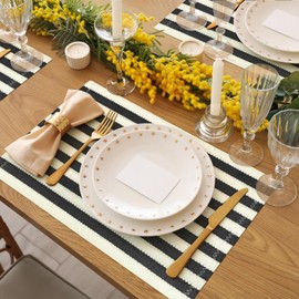fanquare Boho Rectangular Paper Placemats Set of 6, 12" x 18" Rustic Farmhouse Scalloped Non-Slip Table Mats for Dining Kitchen Decor, Black