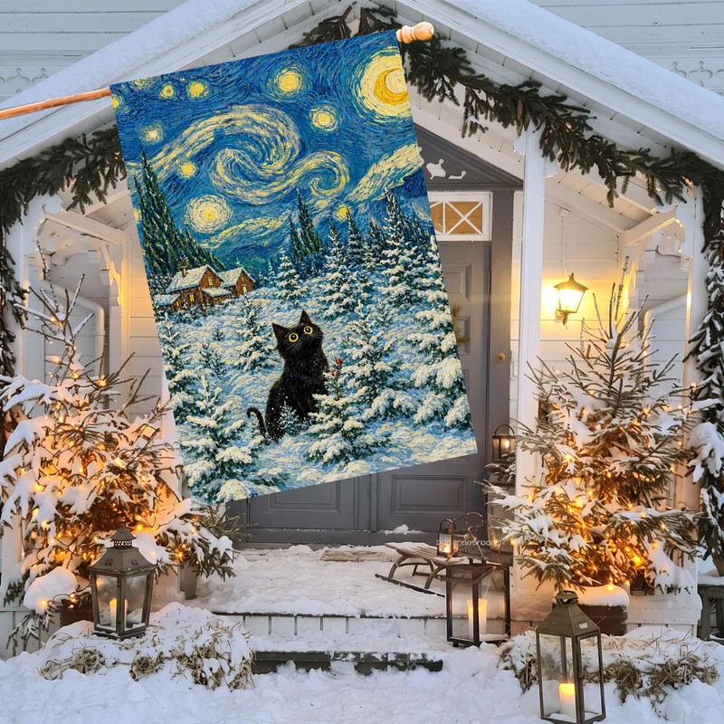 Christmas House Flag 28x40 Inch Large Winter Black Cat Farmhouse