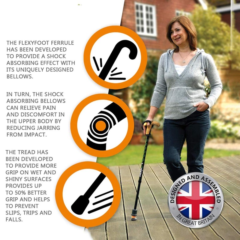 Flexyfoot Shock Absorbing Derby Handle Walking Stick – Improved Comfort,