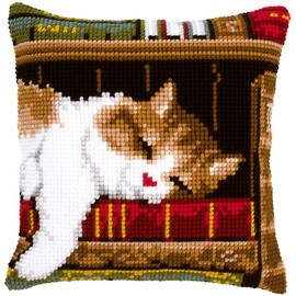 Vervaco Cross Stitch Embroidery Kits Pillow Front for Self-Embroidery with Embroidery Pattern on 100% Cotton and Embroidery Thread, 15,75 x 15,75 Inches - 40 x 40 cm, Cat on Bookshelf