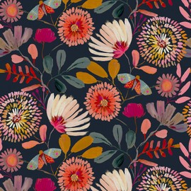 Wallpaper Peel and Stick Floral Wall Paper Removable Waterproof Navy/Pink/Orange Contact Paper for Bedroom, Bathroom,Bathroom, Home Wall 17.3" x 118"
