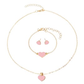 Pink Heart Jewelry Set for Women Gold Plated Jewelry Sets for Women Heart Necklace And Earring Set Womens Gold Chain Link Bracelet Dainty Jewelry Set Rose Gold Heart Pendant Necklace
