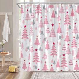 GCTNBJL Christmas Shower Curtain Pink Xmas Tree Stars Rustic Farmhouse Cartoon Winter Holiday Merry Christmas 70x70(WxH) Inches Bathroom Decor Fabric Curtain with Hooks