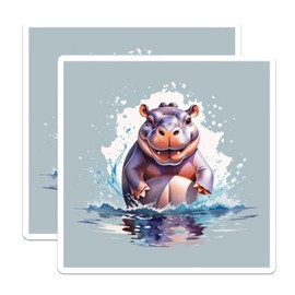 (2 Pack) Hippo Splash Stickers - Cute Hippo Cartoon - Animal Lover Sticker Decals - 5" On Longest Side - Sticks to Smooth Flat Surfaces - Made in USA - BMCS8701