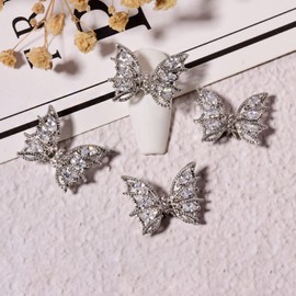 Tinsow 4 Pcs Nail Diamond Metal Nail Art Butterfly Jewelry Crystal Strass Moving Wings Butterfly Nail Diamond Stones Wedding Charms Accessories (Silver)
