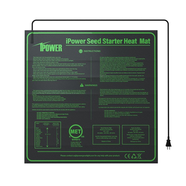 iPower GLHTMTM-A 20" x 20" Waterproof Durable Seedling Heat Mat Warm Hydroponic Plant for Indoor Gardening Germination Starting, black