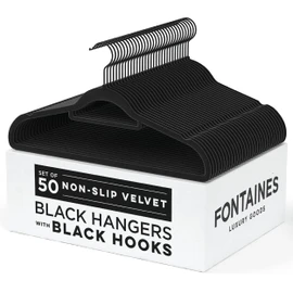 Fontaines Luxury Black Velvet Felt Non Slip Clothes Hangers 50 Pack - Ultra Slim & Space Saving - Heavy Duty Swivel Hook for Clothing, Suit, Top, Tie, Shirt, Skirt & Pant Organization