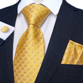 DiBanGu Mens Yellow Plaid Tie Woven Checkered Necktie with Pocket Square Cufflinks Set Wedding Party