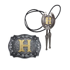 HUABOLA CALYN 2 Pieces Western Cowboy Belt Buckle Bolo tie Set for Men Golden Initial Letter ABCDMJR to Z Costume (H)