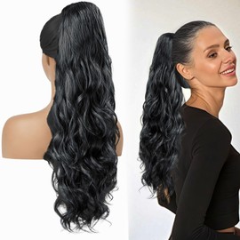 GWAWG Ponytail Extension, Black Hair Claw Clip in Extensions，Hair Extensions, Long Curly Wavy Hairpieces Drawstring for Natural，Soft Synthetic,Clip In Hair Extension. (black)