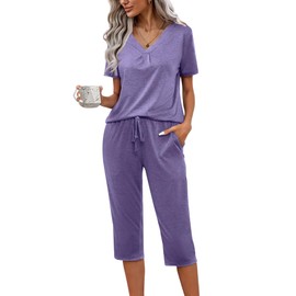difficort Womens Pajama Sets Short Sleeve Pjs Soft Lounge sets Capri Sleepwear with Pockets,2-Purple,Large