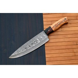 Damascus CUSTOM HANDMADE FORGED DAMASCUS STEEL CHEF KNIFE KITCHEN KNIFE WOOD HANDLE 2071