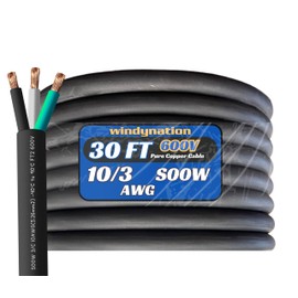 WindyNation 30 Feet 10/3 10 AWG SOOW SO Cable Cord Wire - 10 Gauge 3 Conductor 600V Portable Power Extension Cord Cable for EV Chargers, Motor Leads, Portable Lights, and Battery Chargers