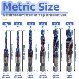 Mesee 6 Pieces HSS Tap Drill Bit Set M3 M4 M5 M6 M8 M10 Combination Drill & Taps Bits Hex Shank Blue Coated Spiral Screw Thread Tapping Tools for Drilling, Chamfering and Countersinking