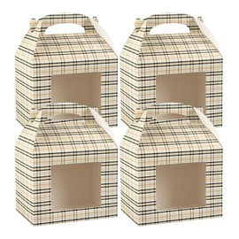 Bio Tek 10 x 7 x 8 Inch Gable Boxes For Party Favors, 25 Attractive Gift Boxes - Plaid Pattern, Clear PET Window, Paper Barn Boxes, With Built-In Handle, Disposable