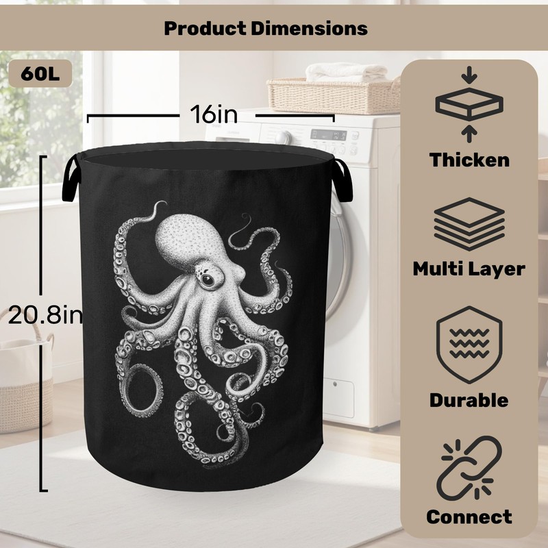 Black Octopus Laundry Basket - Heavy Duty 60L Dirty Clothes