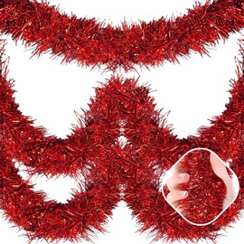 25 Feet Red Christmas Tinsel Garland, Metallic Foil Twist Garland Wall Hanging Tinsel Banner Backdrop for Parade Floats, Christmas, New Year, Valentine's Day Party Decorations (4in x 25ft)