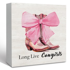 KFXHANGD Long Live Cowgirls Wooden Box Sign, Pink Bow Decor, Preppy Western Decorative Sign for Teen Girls Room Dorm, Pink Cowgirl Boot Shelf Decor 5x5 Inch