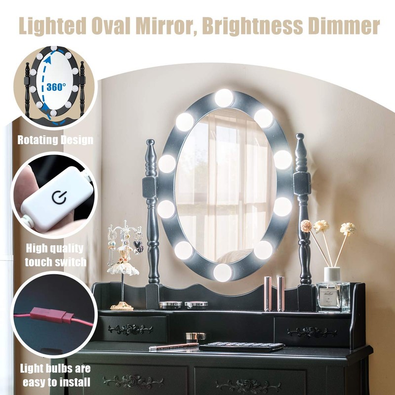 DORTALA Vanity Table Set, Makeup Dressing Table with 10 Dimmable