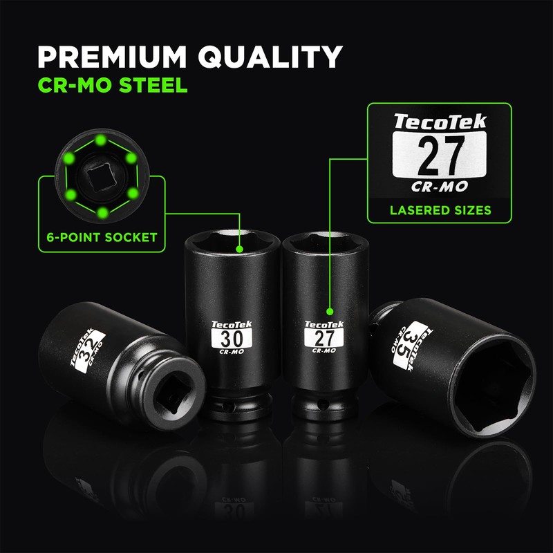 TecoTek 1/2" Drive Deep 6-Point Impact Socket Set, 13-Piece Spindle