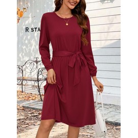 Women's Winter Long Sleeve Crewneck Dress Casual Belted A Line Flowy Business Work Teacher Midi Dresse Burgundy Large