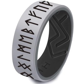AJZYX Silicone Norse Viking Rune Couple Ring for Him Her,Men Women Rubber Promise Wedding Band Matching Sets,8mm Wide 2mm Thick Breathable Comfort Fit Gray Size 9
