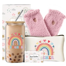 DHQH Teacher Christmas Gifts,Teacher Appreciation Gift for Women, Birthday Thank You Gifts Basket with 16OZ Glass Cup Makeup Bag